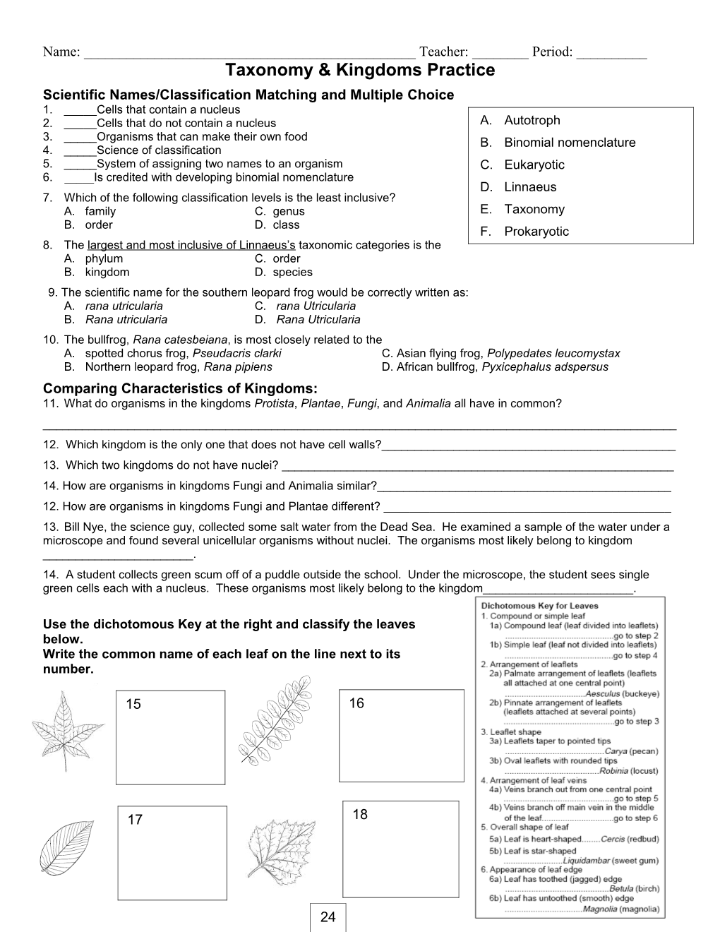 Biology CH 18 Classification QUIZ