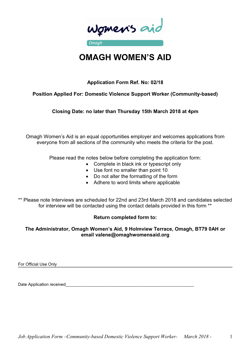 Position Applied For: Domestic Violence Support Worker (Community-Based)