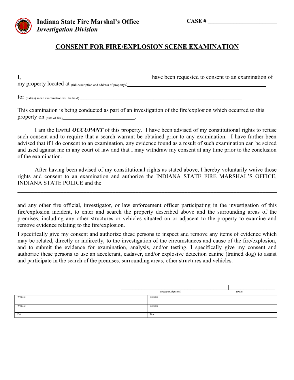 Consent for Fire/Explosion Scene Examination