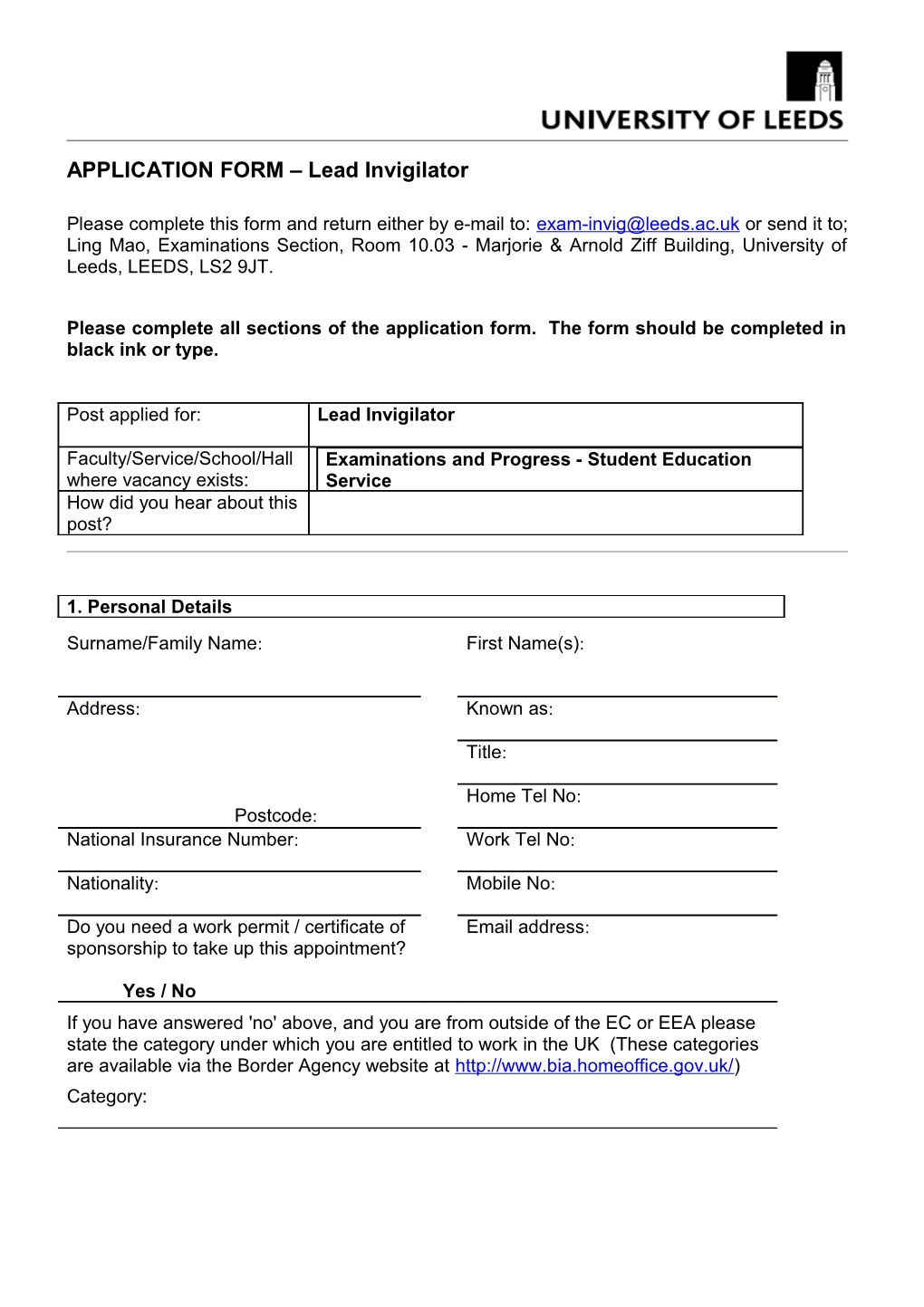 APPLICATION FORM Lead Invigilator