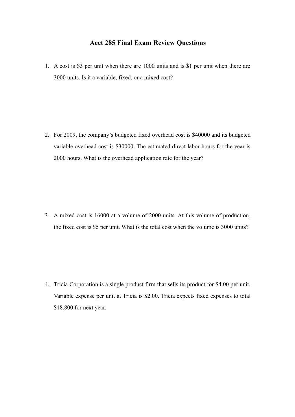Acct 285 Final Exam Review Questions