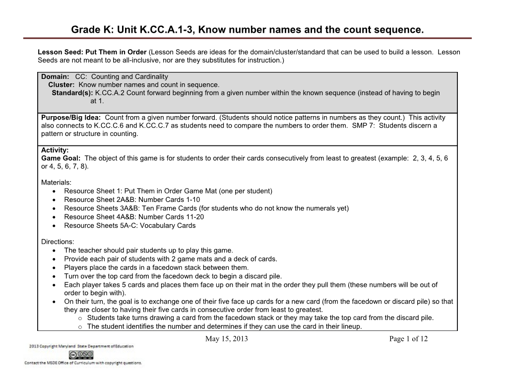 Grade K: Unit K.CC.A.1-3, Know Number Names and the Count Sequence