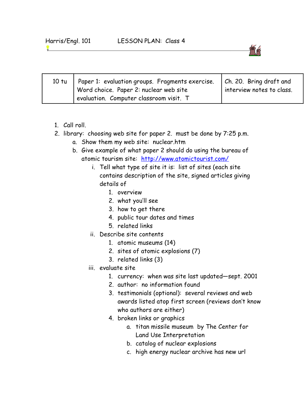 Harris/Engl. 101 LESSON PLAN: Class 4 s1