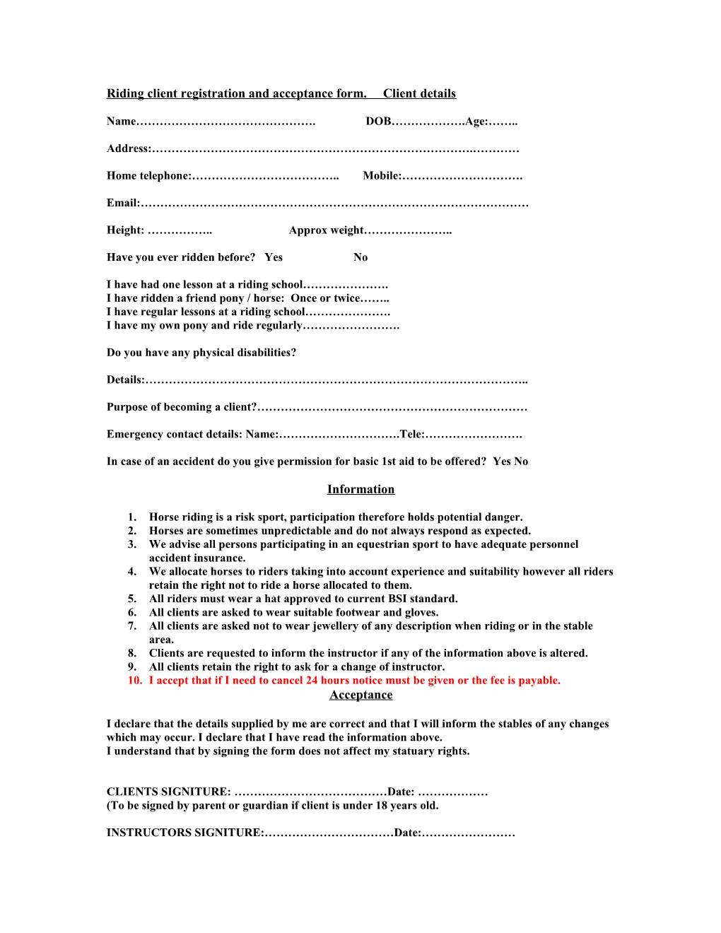 Riding Client Registration and Acceptance Form