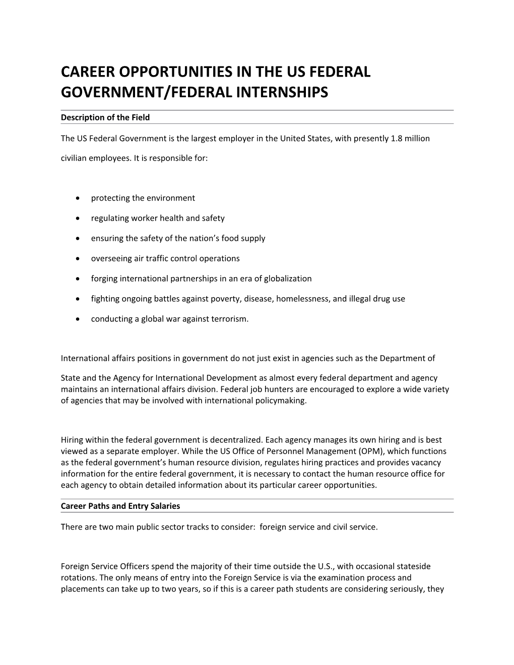 Career Opportunities in the Us Federal Government/Federal Internships