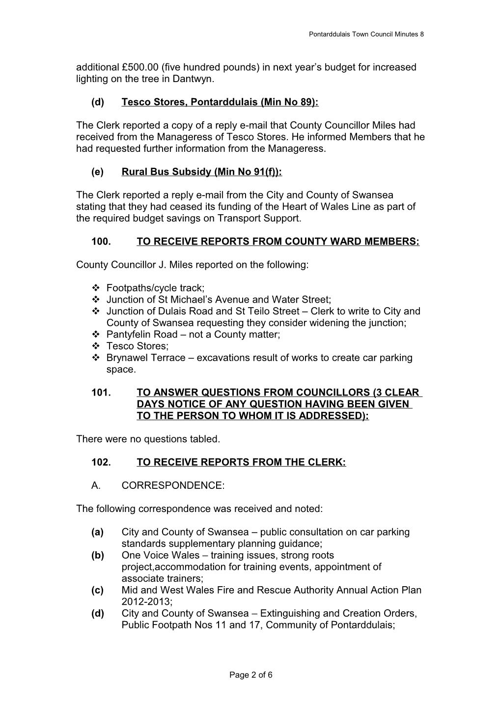 Minutes of the Pontarddulais Town Council Held on the 8Th January 2008