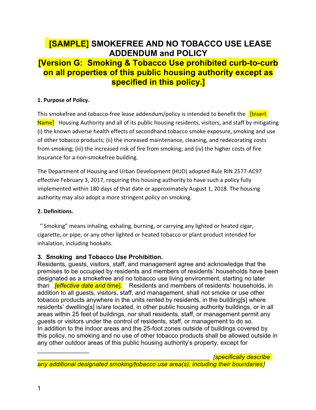 SAMPLE SMOKEFREE and NO TOBACCO USE LEASE ADDENDUM and POLICY