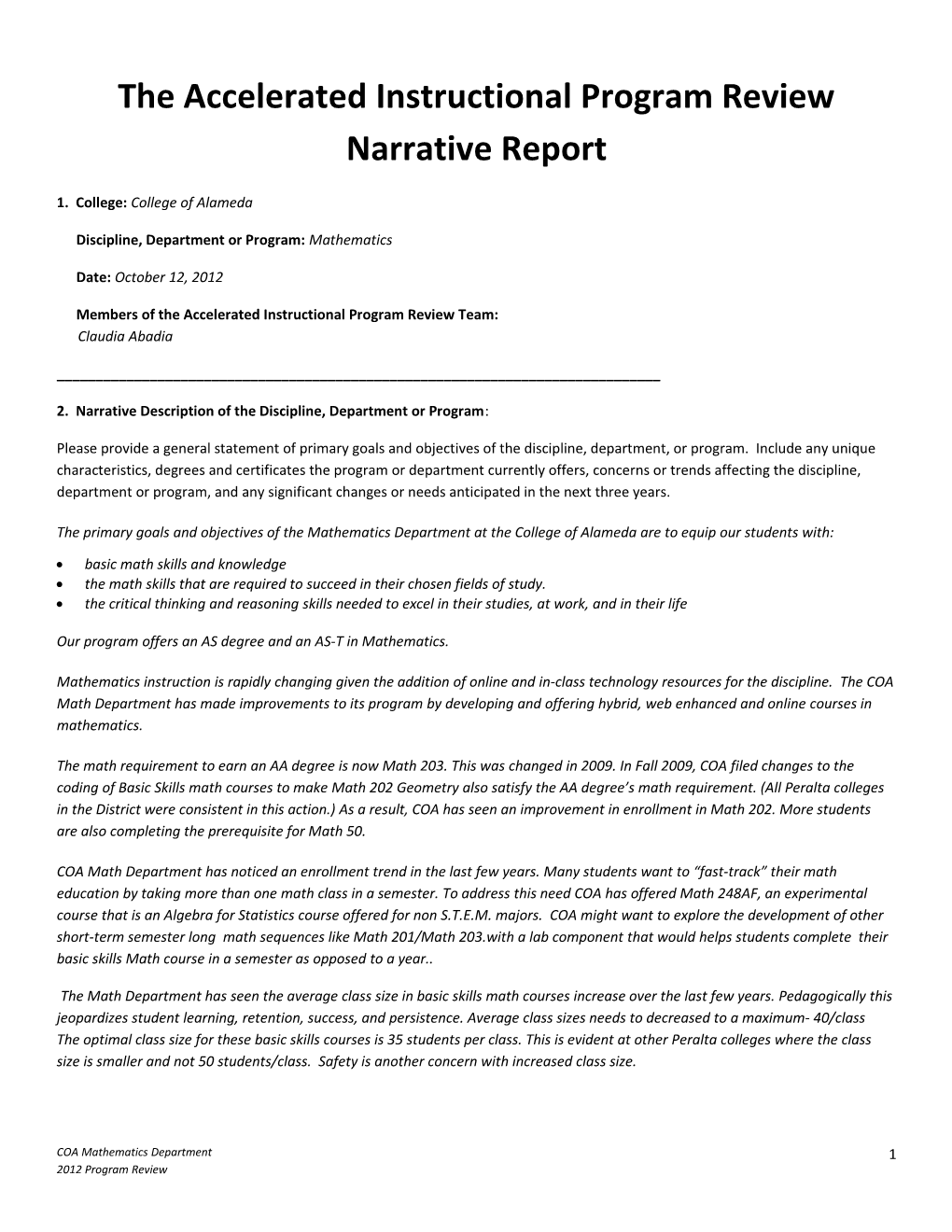 The Accelerated Instructional Program Review Narrative Report