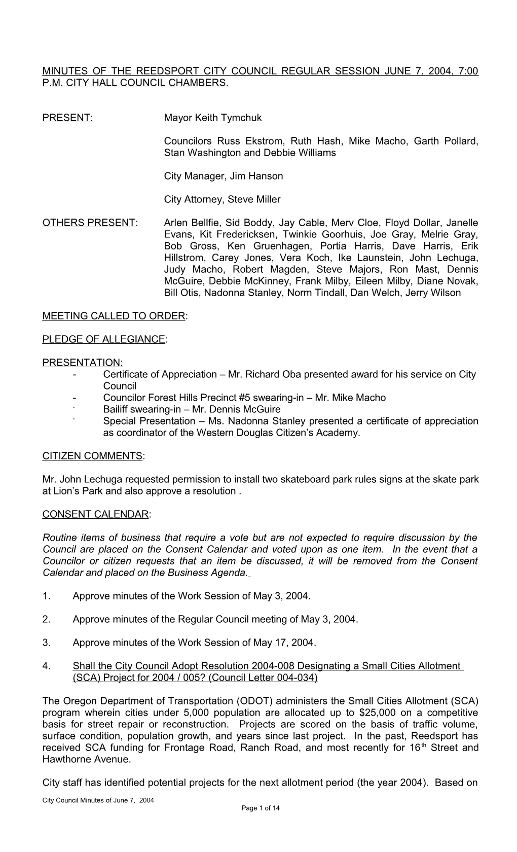 Minutes of the Reedsport City Council Regular Session April 5, 2004, 7:00 P s1