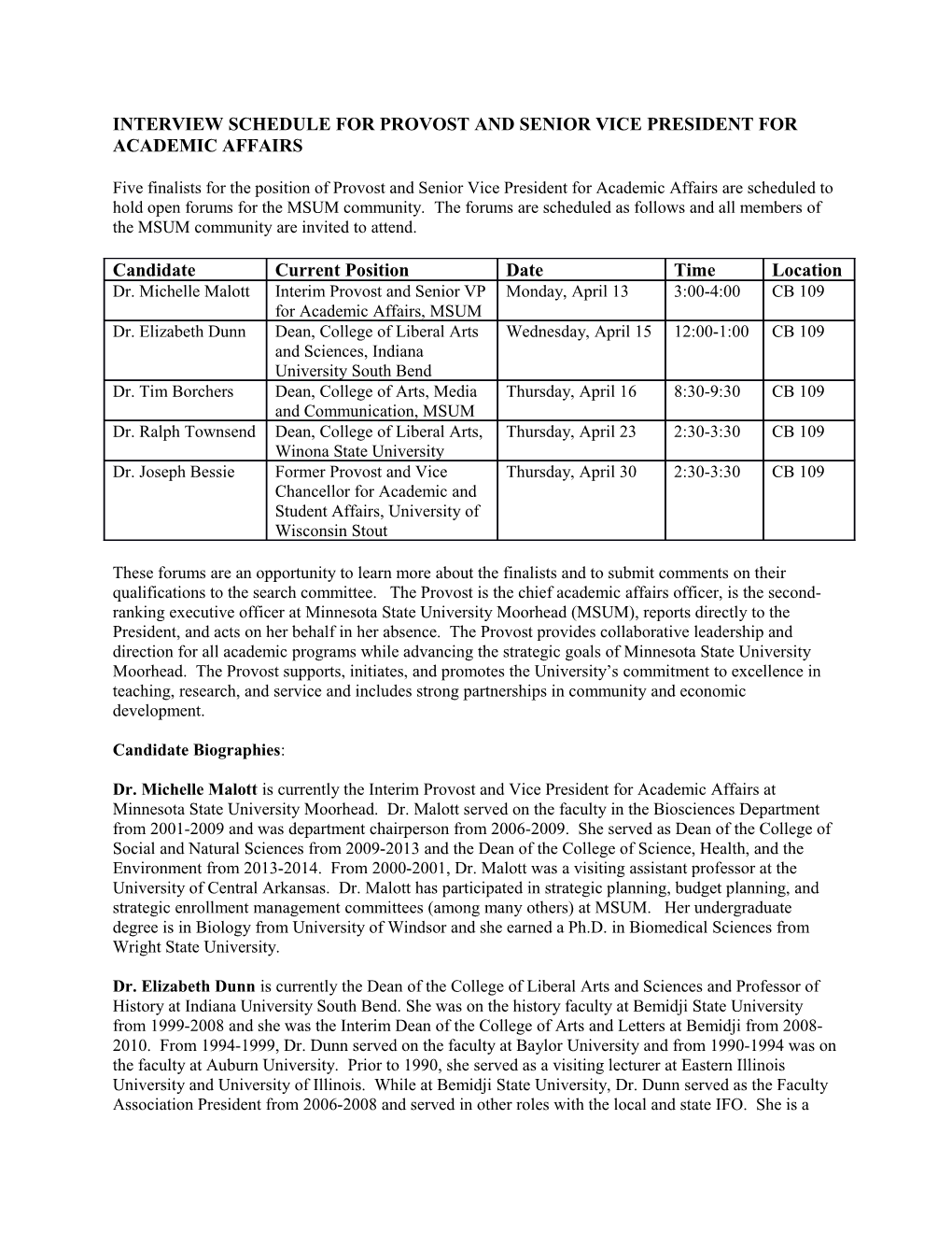 Interview Schedule for Provost and Senior Vice President for Academic Affairs