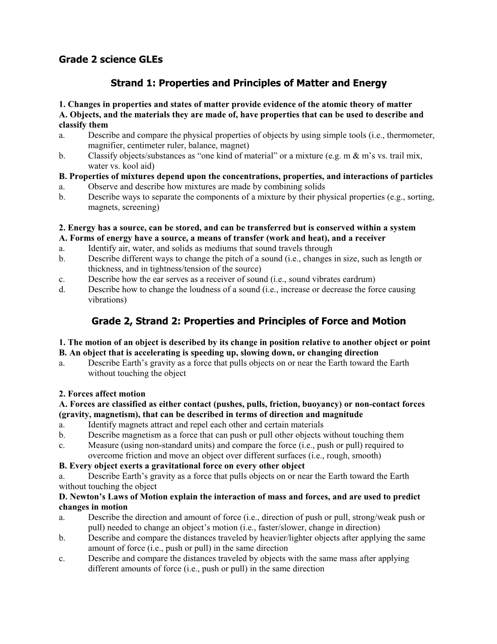 Grade 2, Strand 1: Properties and Principles of Matter and Energy