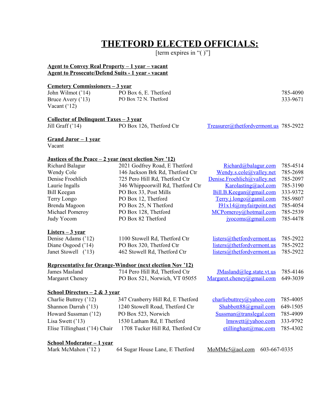 Thetford Elected Officials