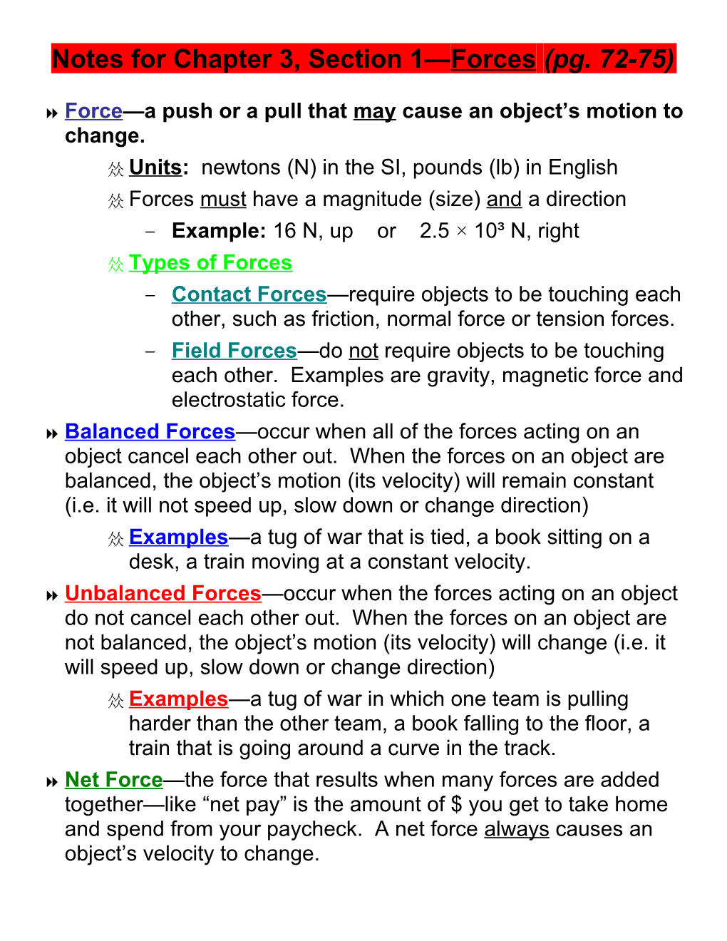 Notes for Chapter 10, Section 3 Motion and Force (Pg