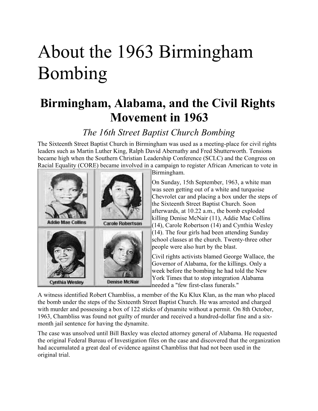 About the 1963 Birmingham Bombing