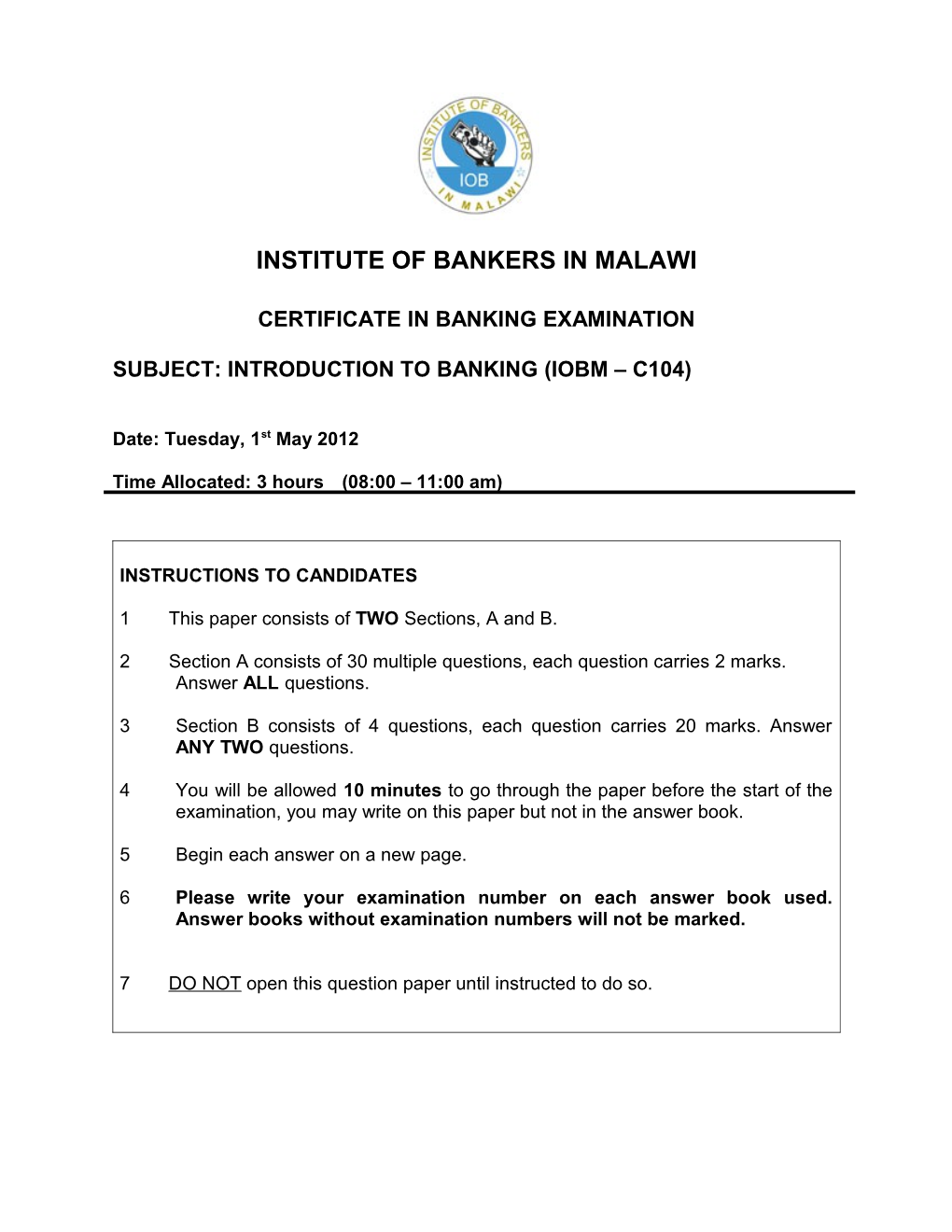Subject: Introduction to Banking (Iobm C104)