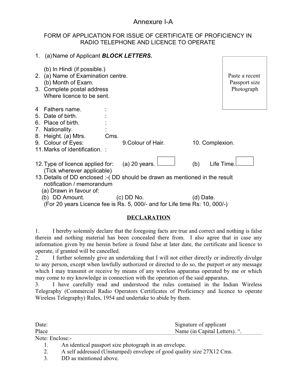 Form of Application for Issue of Certificate of Proficiency In