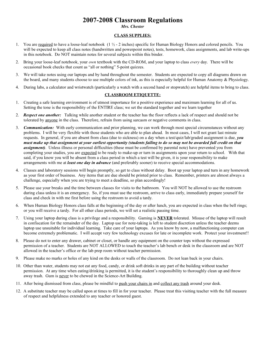 2007-2008 Classroom Regulations