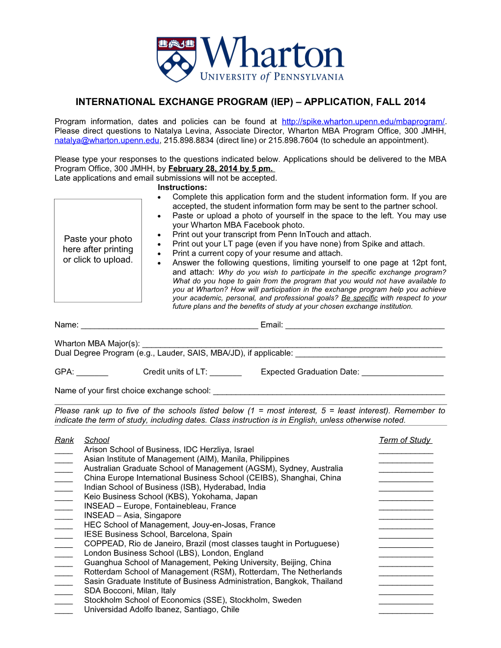 International Exchange Program (Iep) Application, Fall 2014
