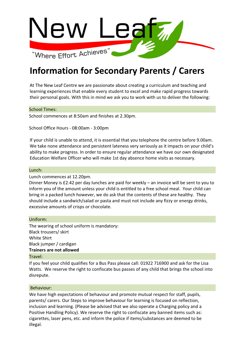 Information for Secondary Parents / Carers