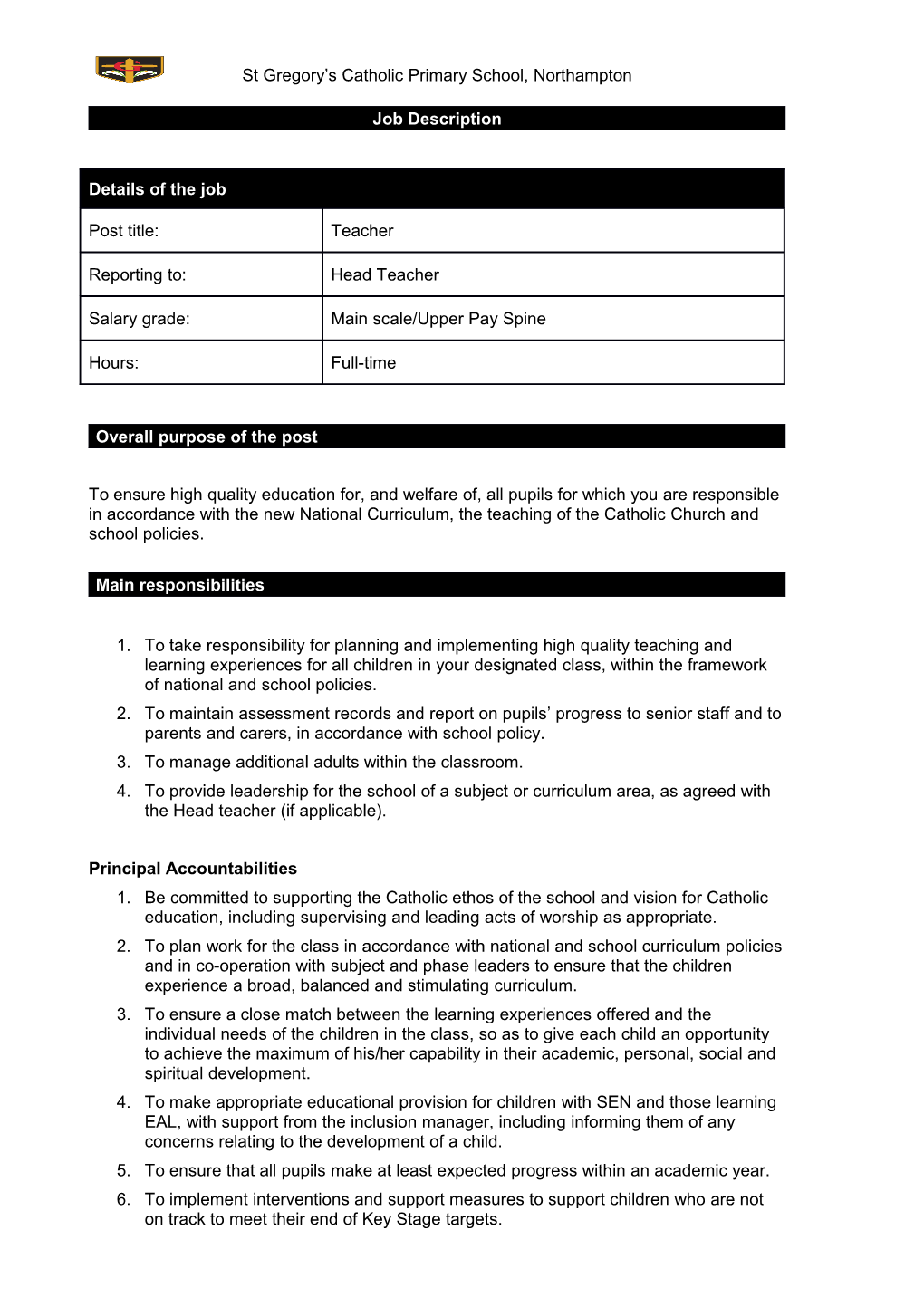 Job Specification for a Subject Leader