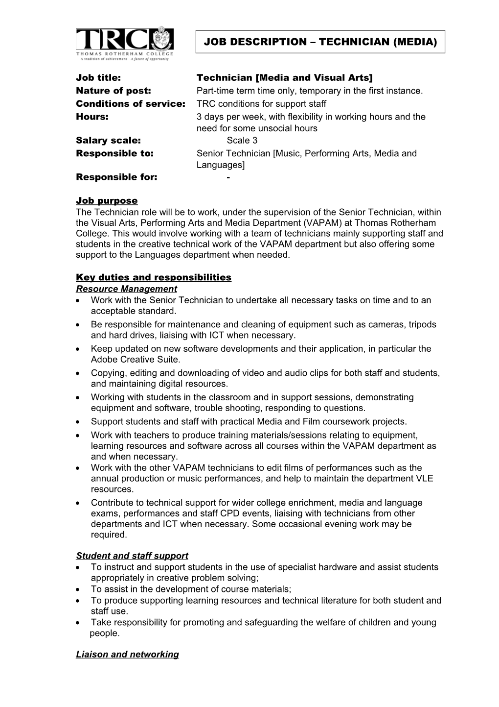 Draft Job Description for Media Technician