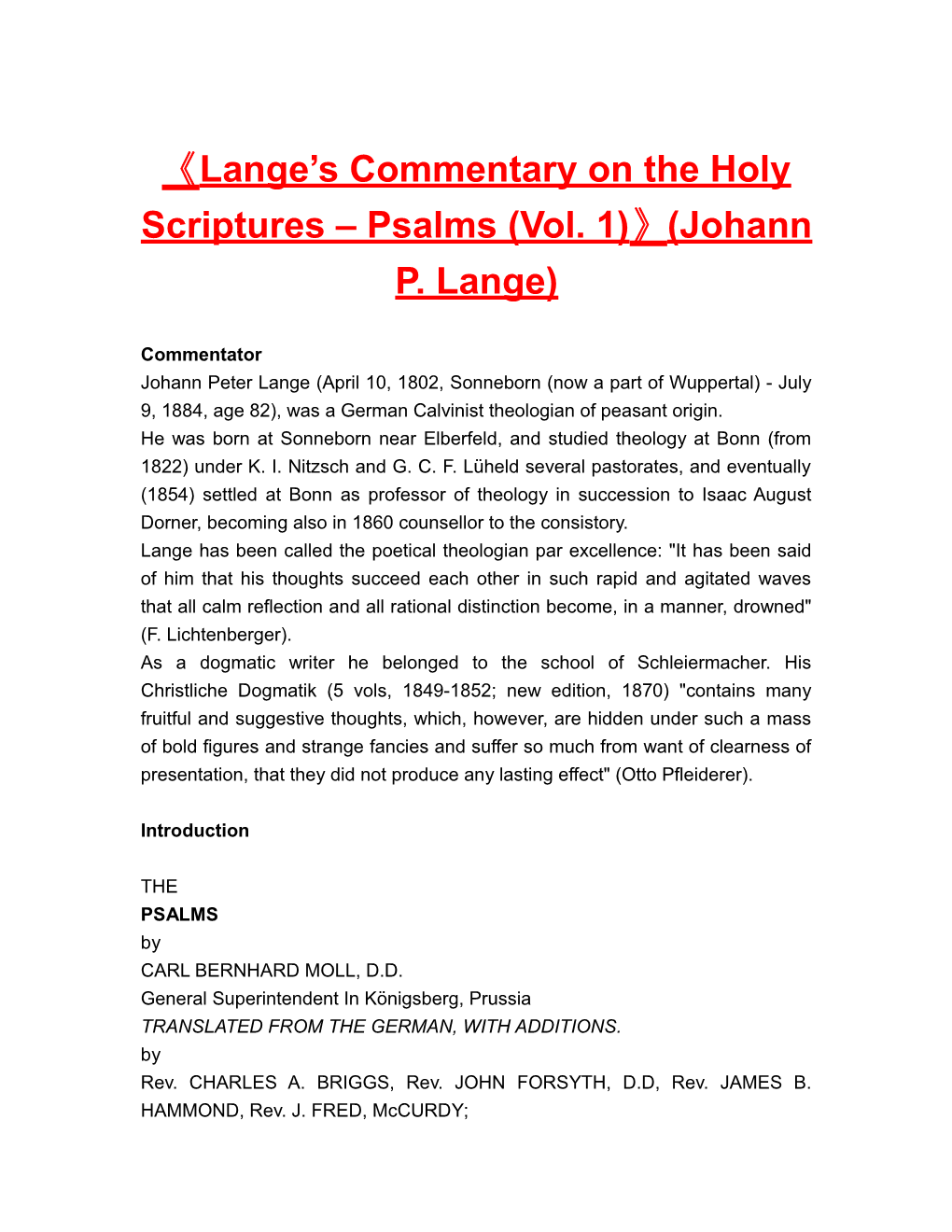 Lange S Commentary on the Holy Scriptures Psalms (Vol. 1) (Johann P. Lange)