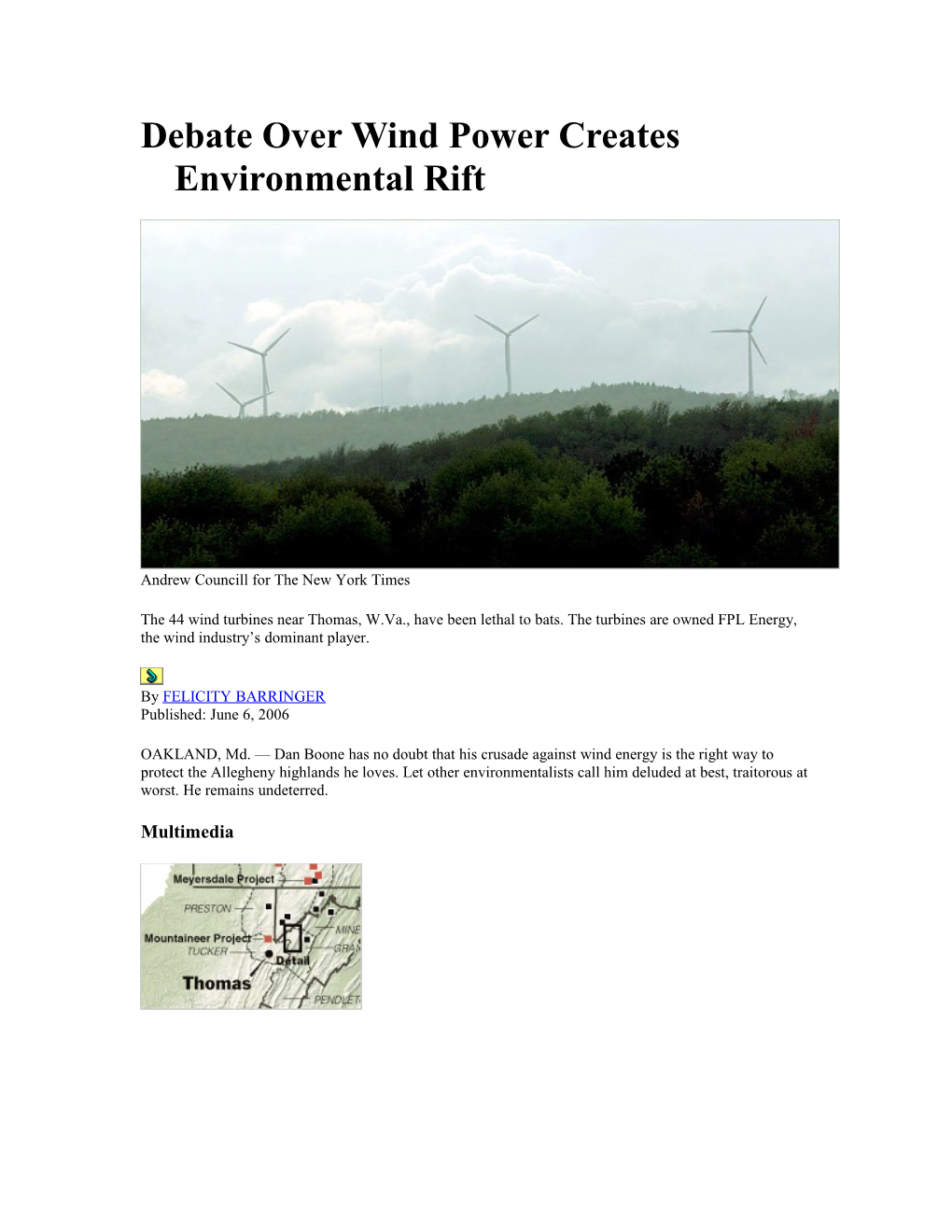 Debate Over Wind Power Creates Environmental Rift