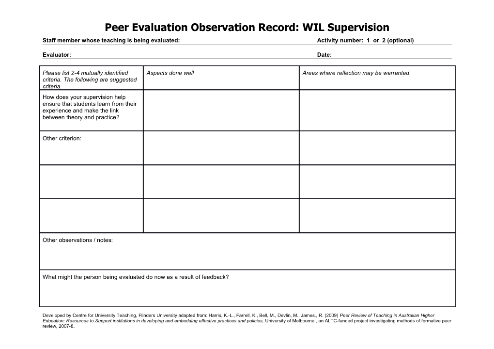 Peer Evaluationobservation Record: WIL Supervision