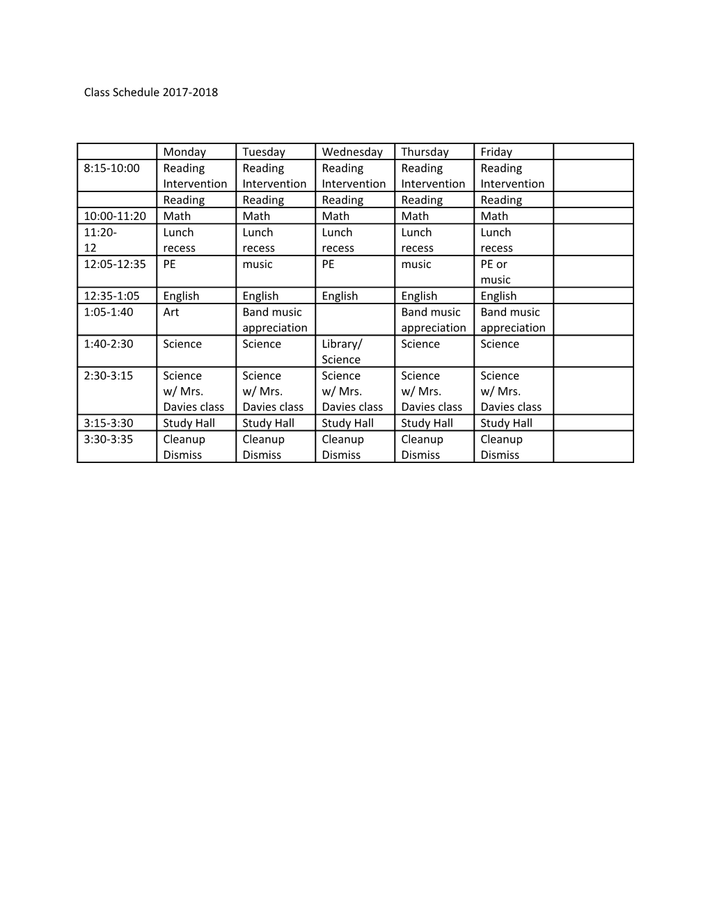 Class Schedule 2017-2018