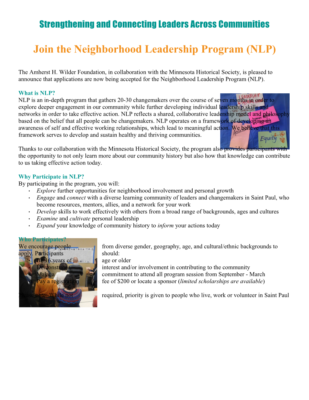 Join the Neighborhood Leadership Program (NLP)