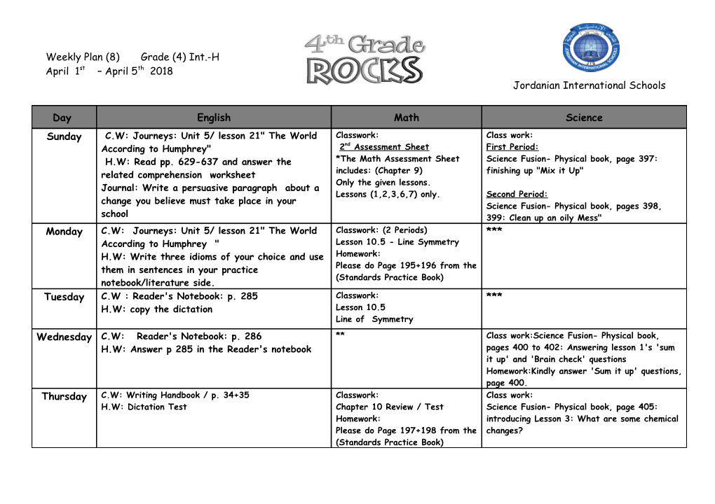 Weekly Plan (8) Grade (4) Int.-H