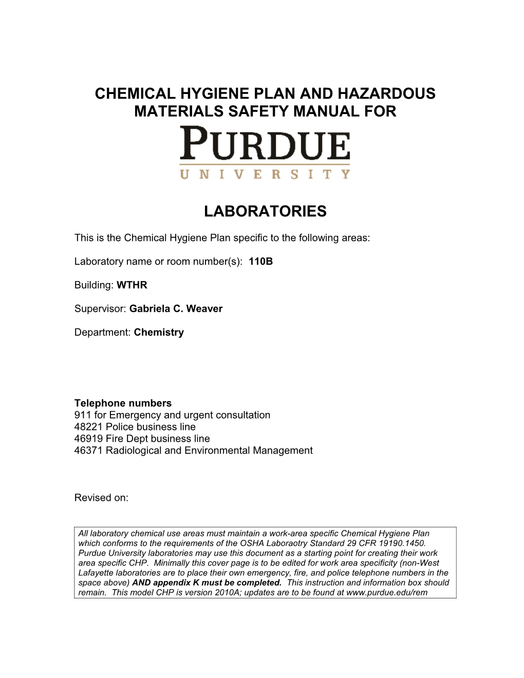 This Is the Chemical Hygiene Plan Specific to the Following Areas s3