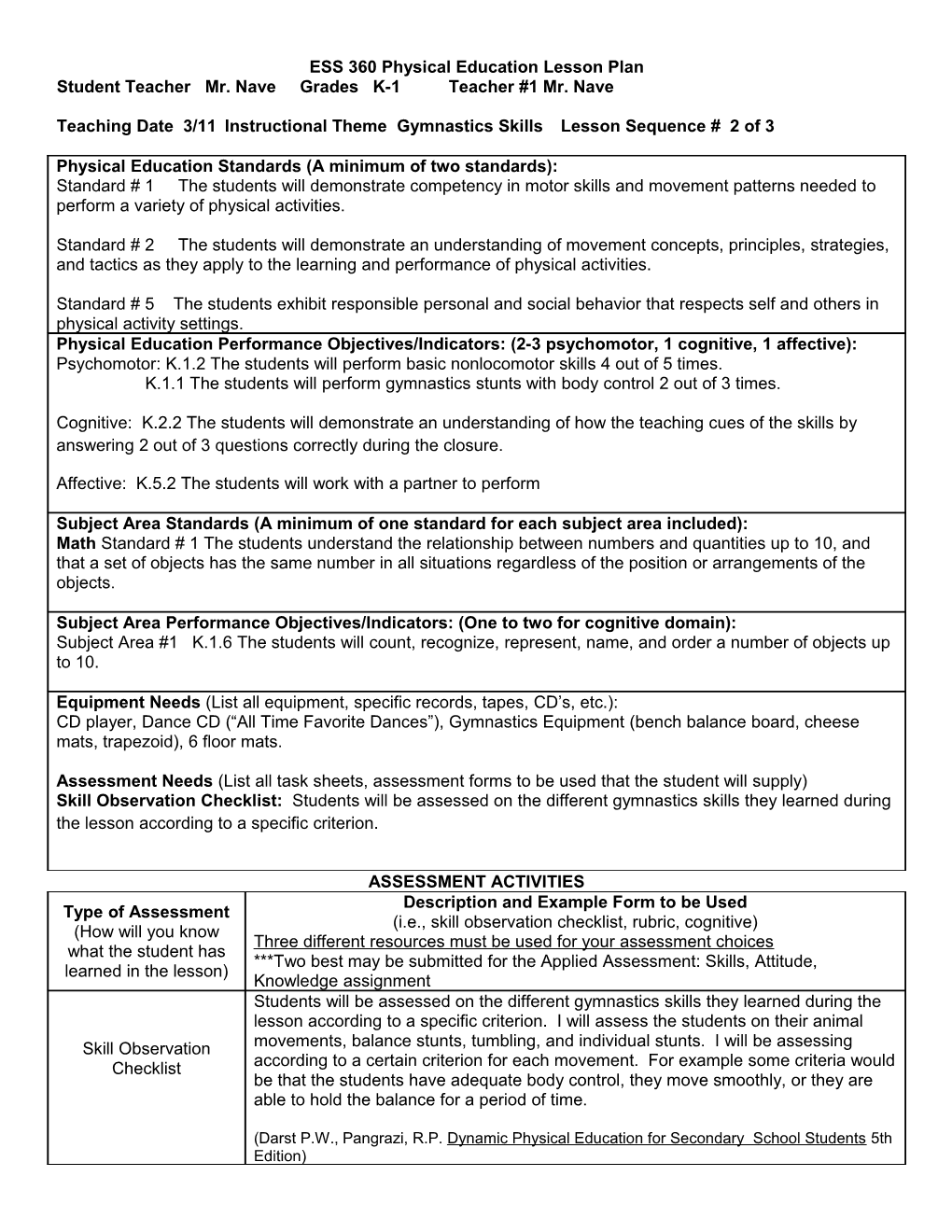 ESS 360 Physical Education Lesson Plan