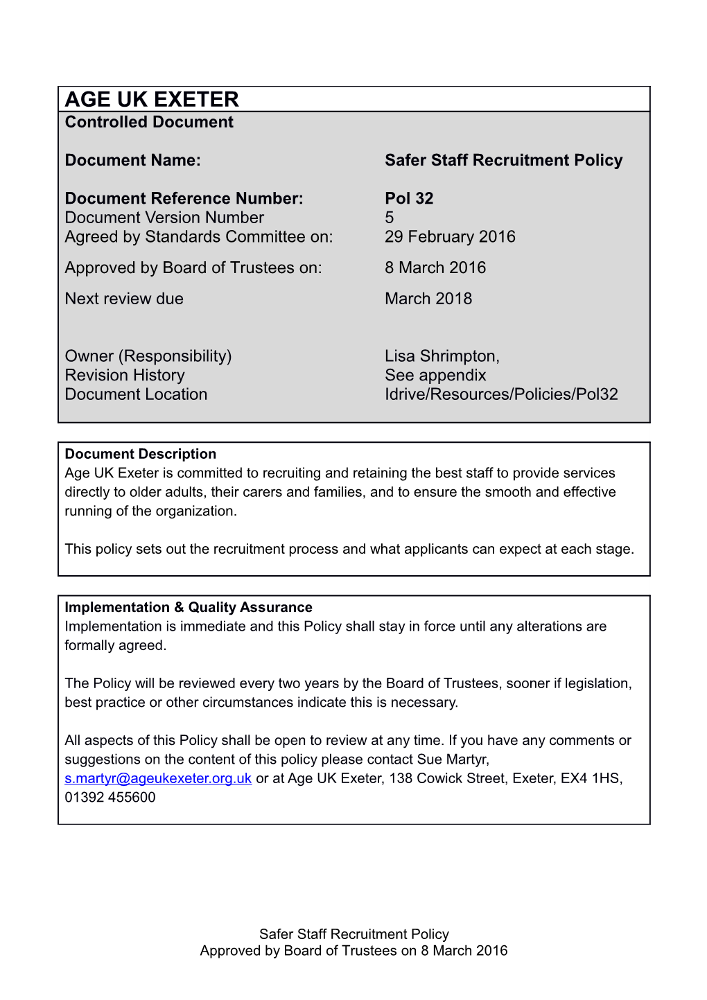 Safer Staff Recruitment Policy