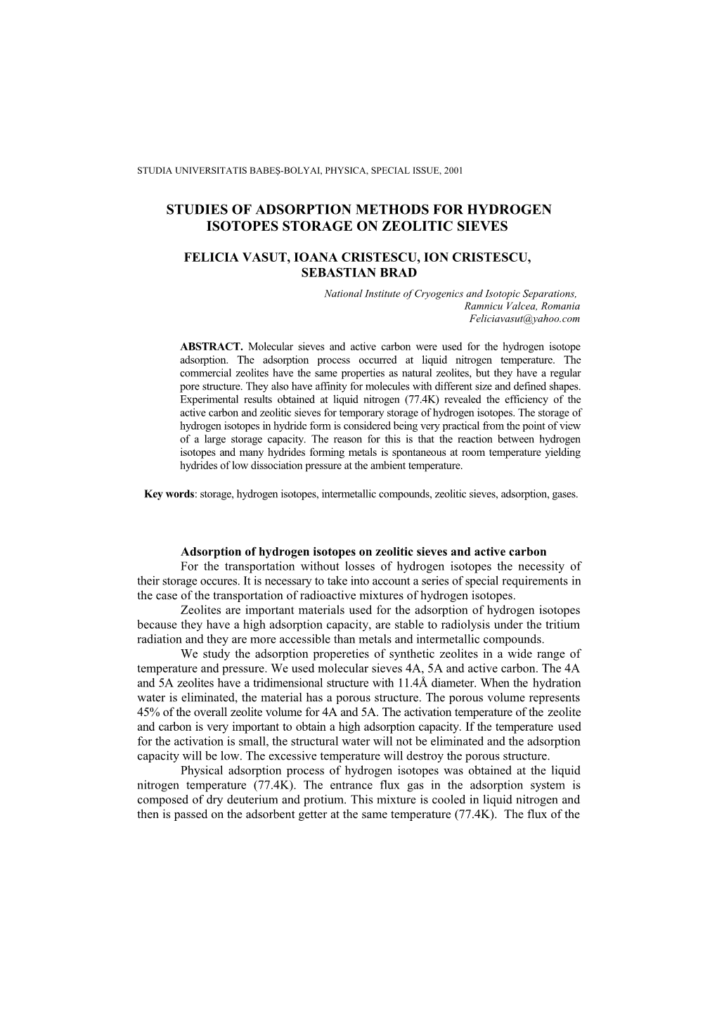 Studies of Adsorption Methods for Hydrogen Isotopes Storage on Zeolitic Sieves