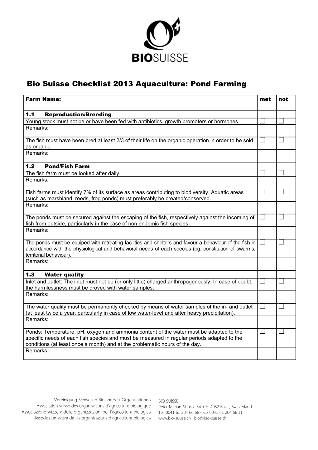 Bio Suisse Checklist 2013 Aquaculture: Pond Farming