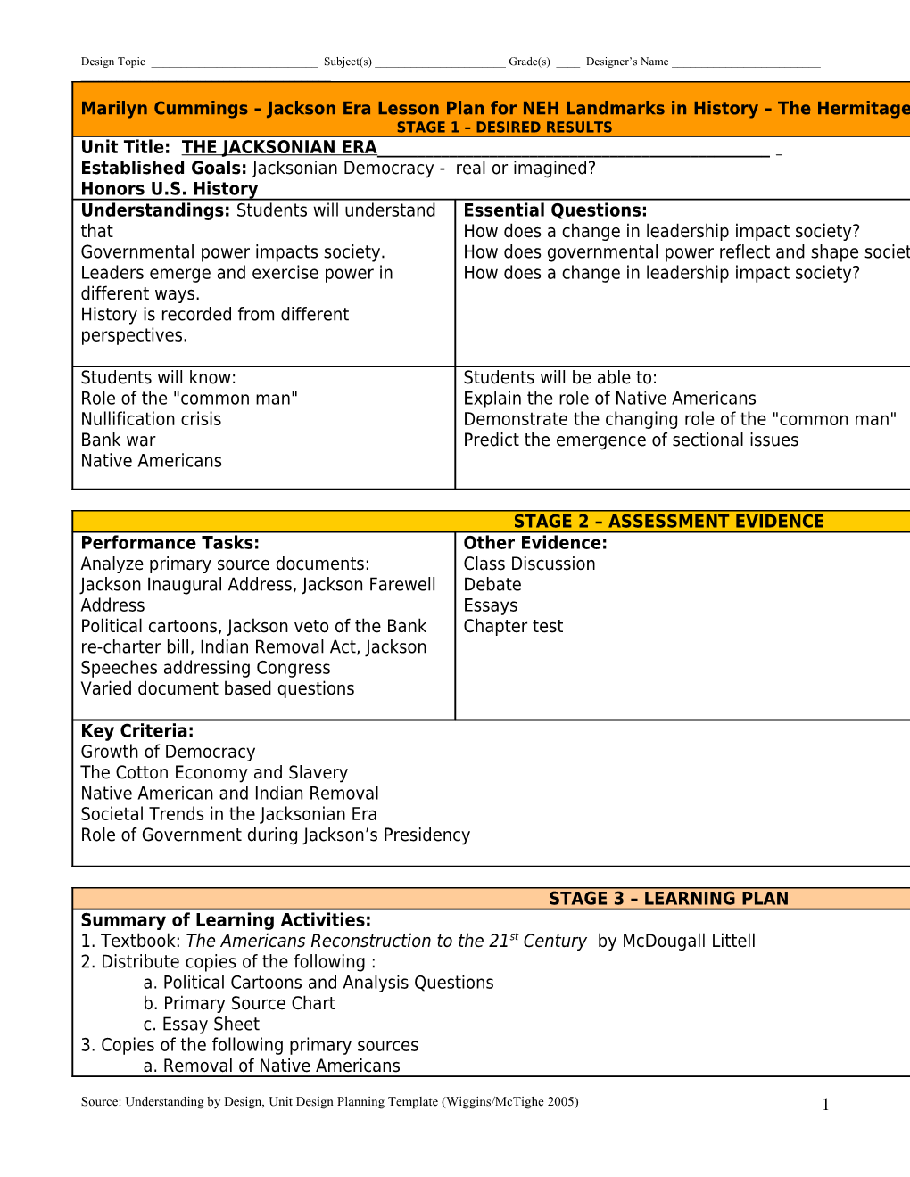 Marilyn Cummings Jackson Era Lesson Plan for NEH Landmarks in History the Hermitage