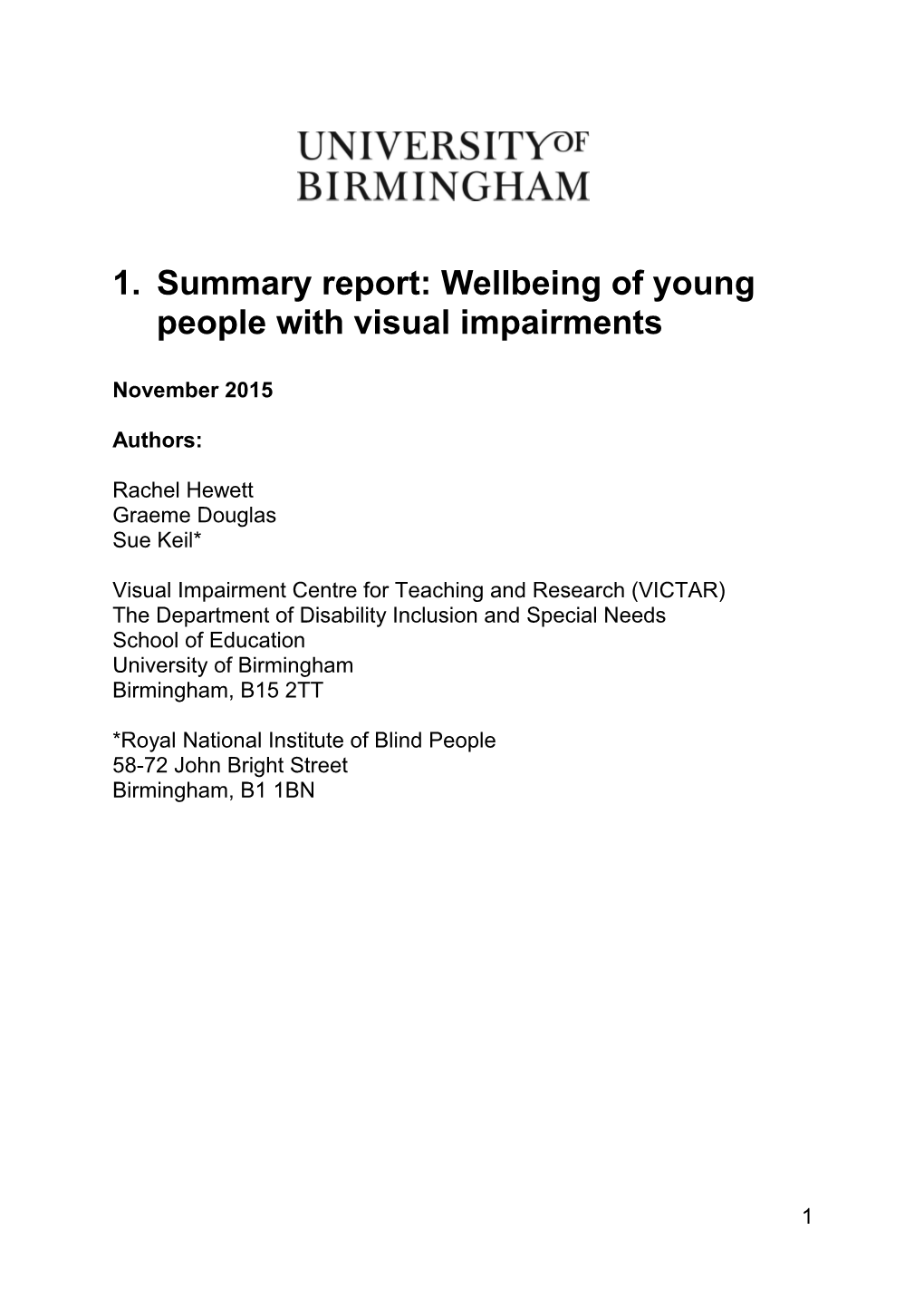 Summary Report: Wellbeing of Young People with Visual Impairments