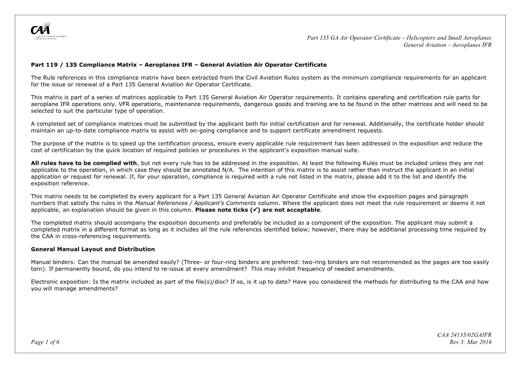 Part 119 / 135 Compliance Matrix Aeroplanes IFR General Aviation Air Operator Certificate