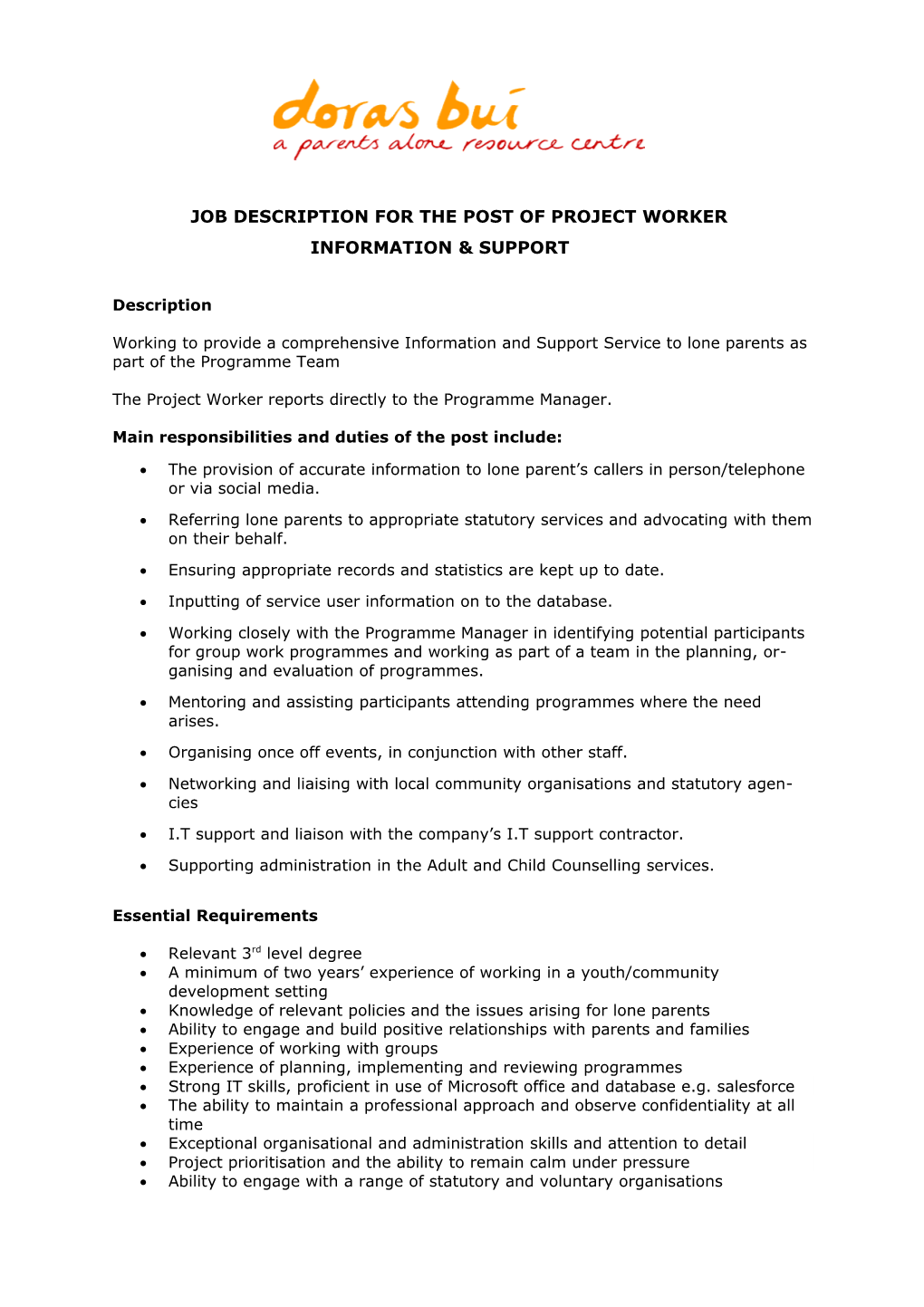 Job Description for the Post of Project Worker