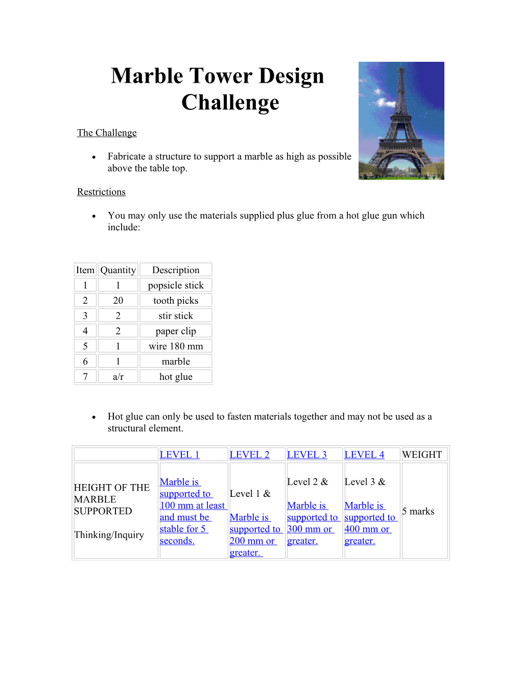 Marble Tower Design Challenge