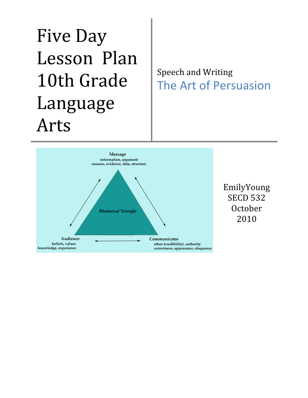 Five Day Lesson Plan 10Th Grade Language Arts