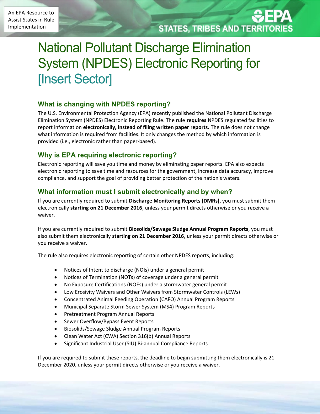 National Pollutant Discharge Elimination System (NPDES) Electronic Reporting for Insert Sector