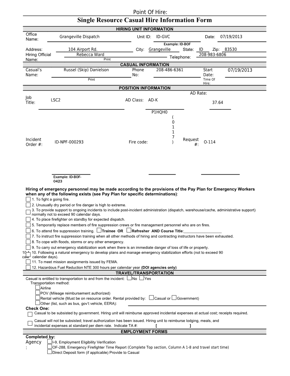 Casual Hire Form - 6/30/2003