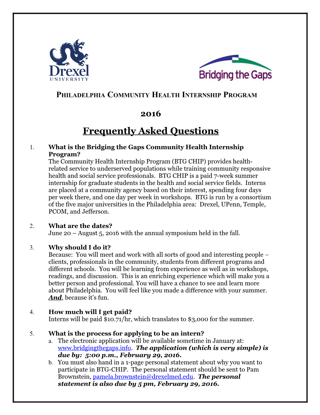 Philadelphia Community Health Internship Program