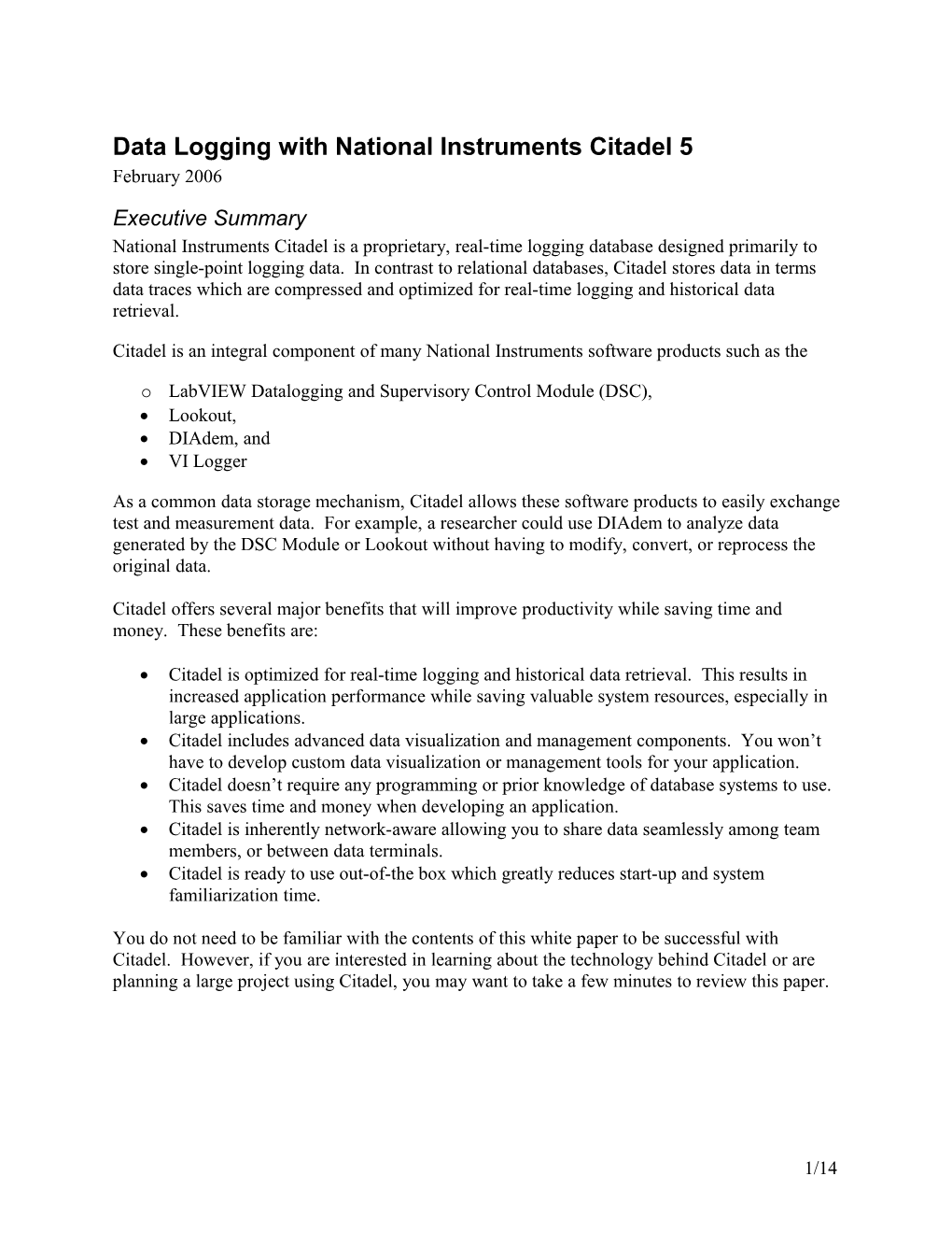 Data Logging with National Instruments Citadel 5