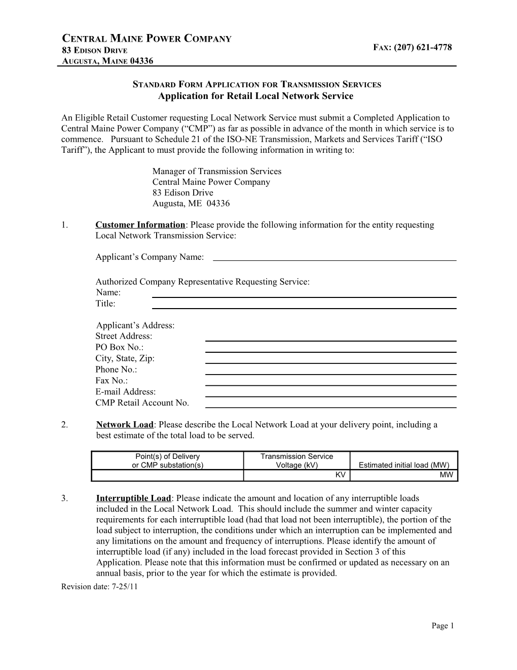 Application for Local Network Transmission Service