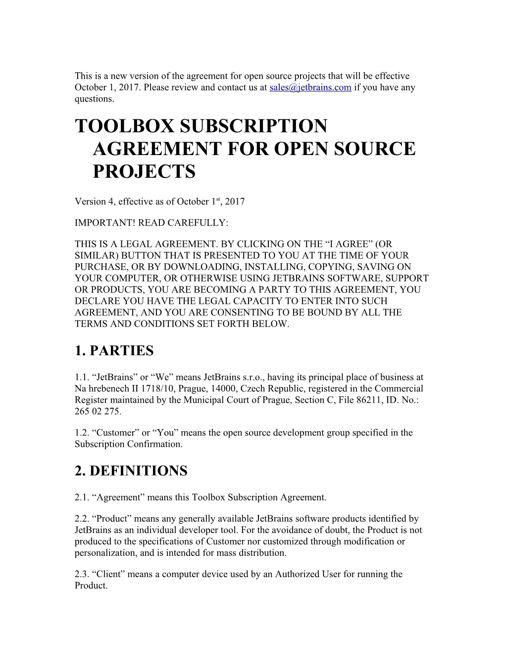 Toolbox Subscription Agreement for Open Source Projects