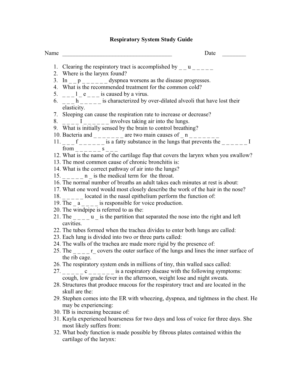 Respiratory System Study Guide