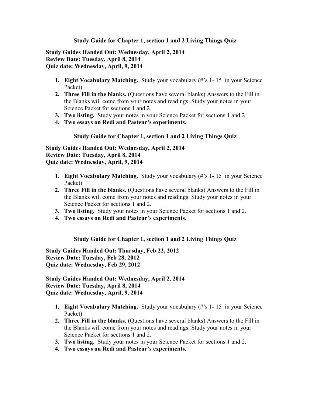 Study Guide for Chapter 1, Section 1 and 2 Living Things Quiz